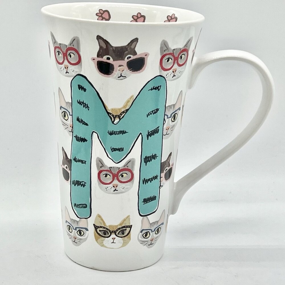 Hipster Cats Monogram M Mug Coventry Porcelain Coffee Cup 6" Tall Letter Kitten